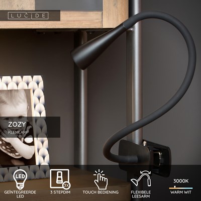 Lucide ZOZY - Klemlamp - LED 3 StepDim - 1x4W 3000K - Zwart